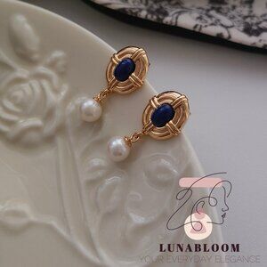 S925 Sterling Silver 18K Gold-Plated Freshwater Pearl and Lapis Lazuli Earrings